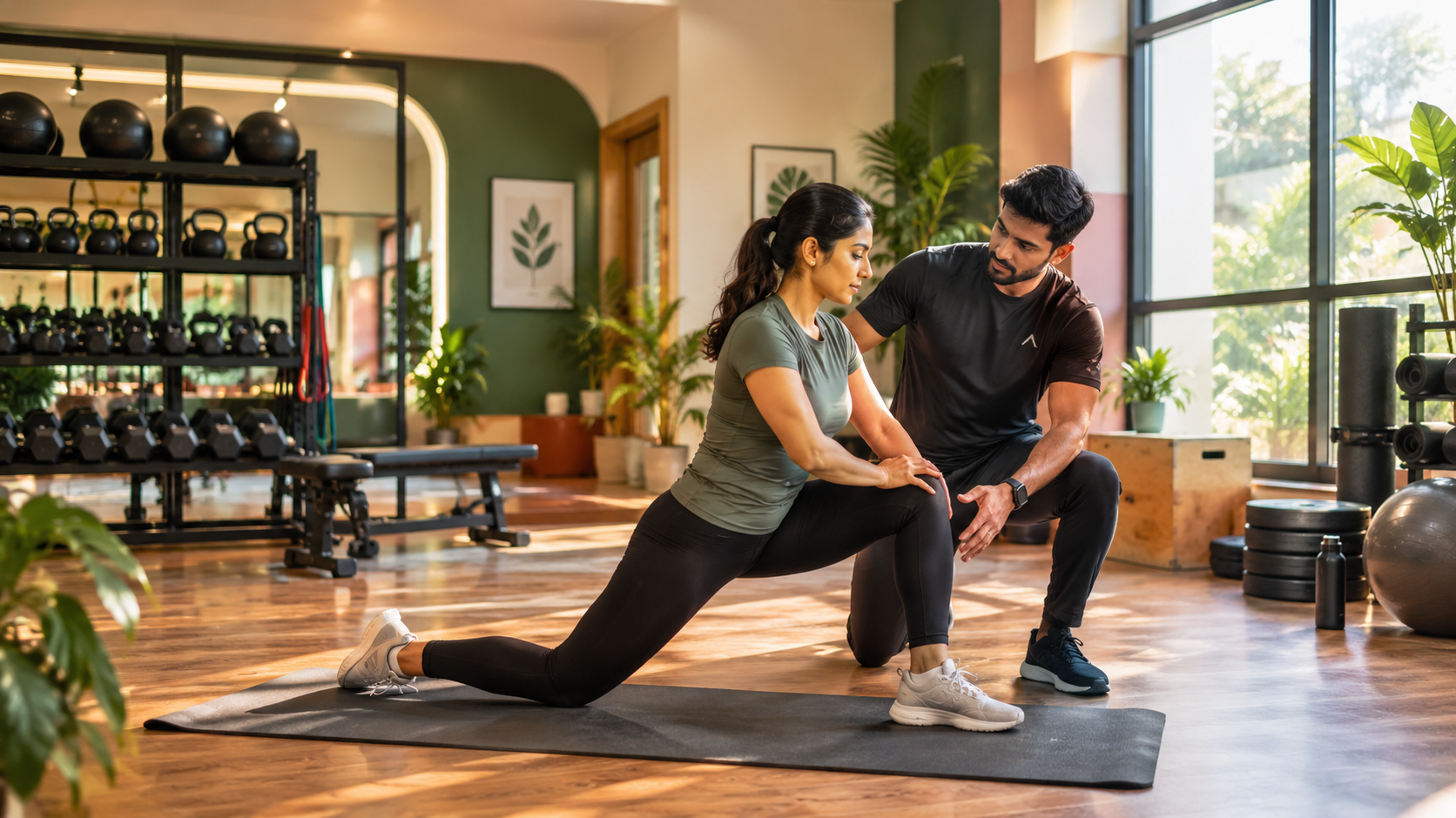 Illustrative fitness studio coaching scene